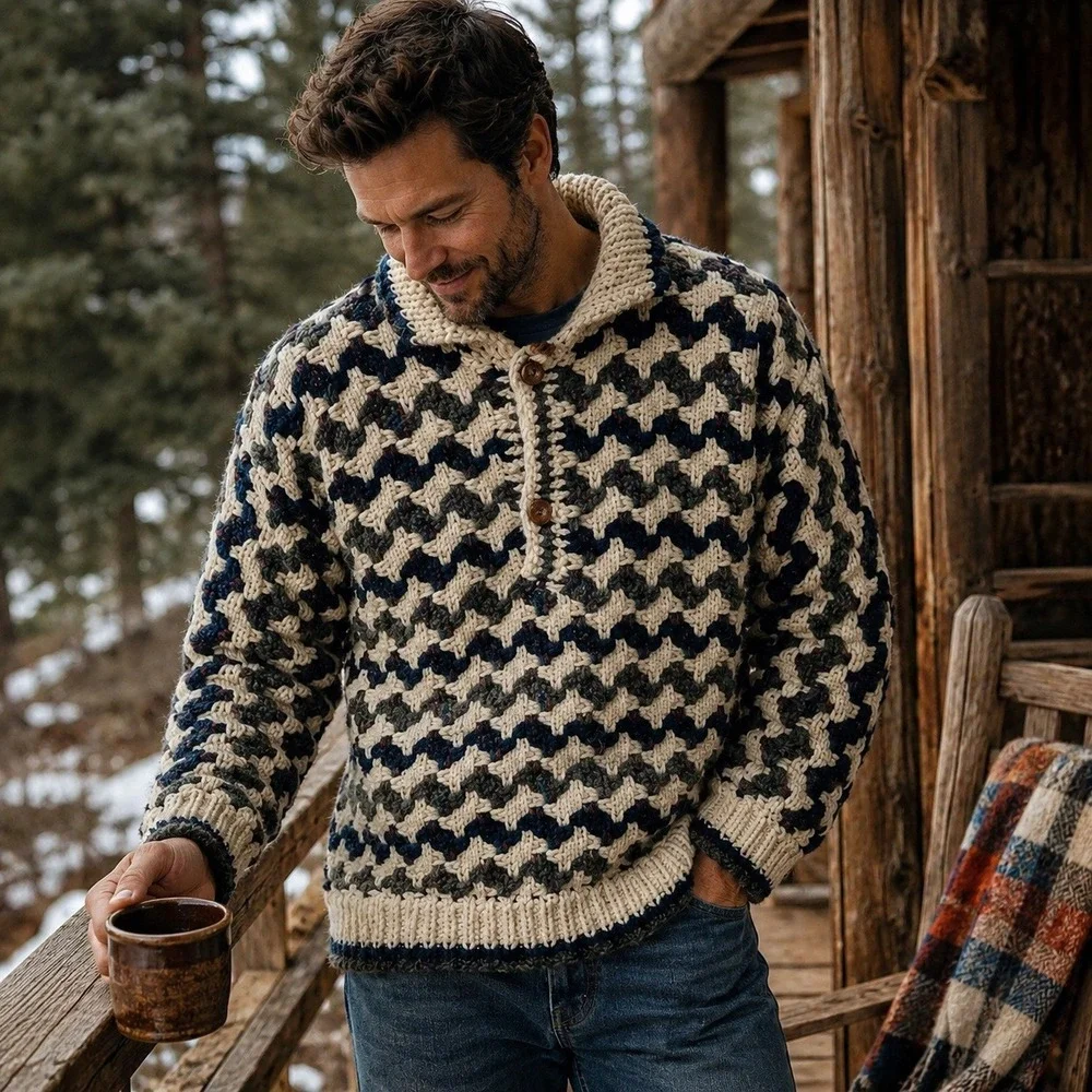 Signature Imports Handloomed Wool Henley Sweater Mens L Ecuador Geometric